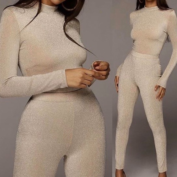 JLUXLABEL Champagne Shimmer Bodysuit + Leggings Set - Picture 1 of 3